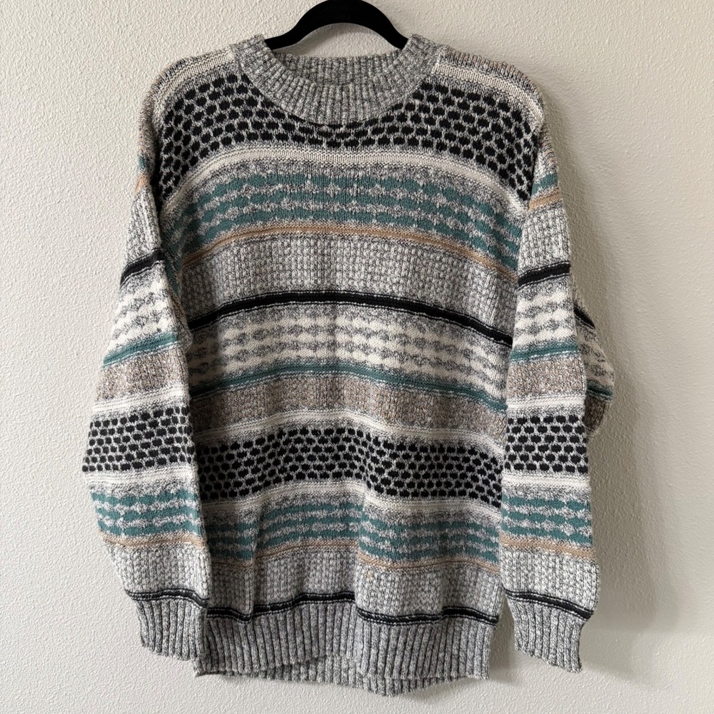 Private Club Vintage 90s Made in USA Cotton Blend Geometric Stripe Sweater Grey